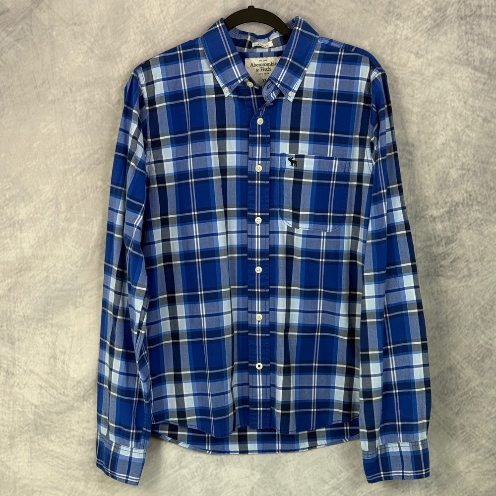 Vtg Y2K Abercrombie & Fitch Mens Blue Plaid Muscle Fit Button Up Shirt XL Preppy